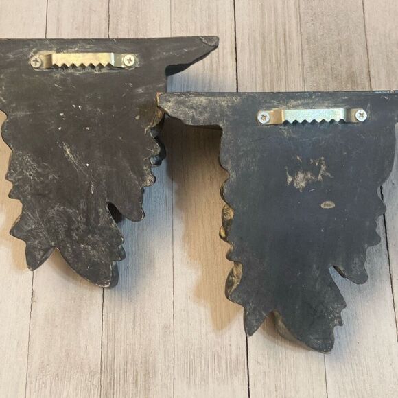 Pair Acanthus Leaf Ornate Wall Shelves Distressed Gold Brown Tan Tones Regency - Picture 10 of 12